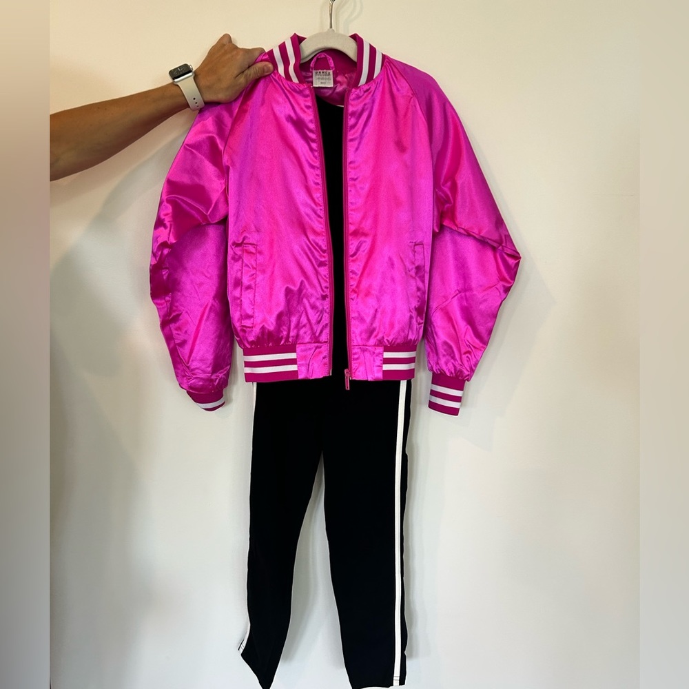 Black unitard with pink bomber jacket